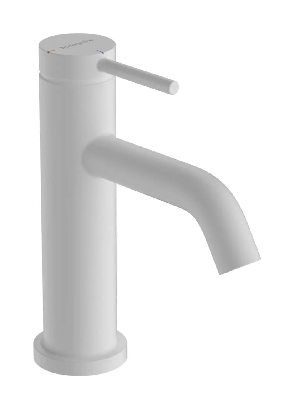 Weißer Einhebel-Waschtischmischer von Hansgrohe mit runder, schlanker Form und seitlichem Hebel zur Temperaturregulierung, montiert auf einem stabilen Standfuß.